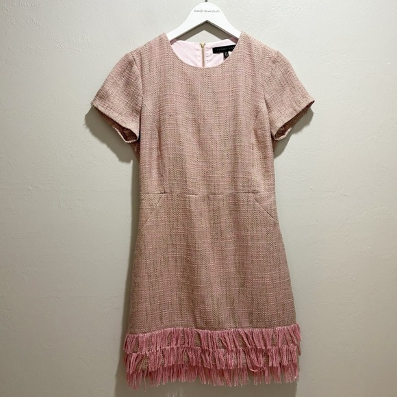 FOREST LILY Women’s Pink Short Sleeve Tweed Dress Fringe Hem Lined Lurex Size 4 - Picture 1 of 10